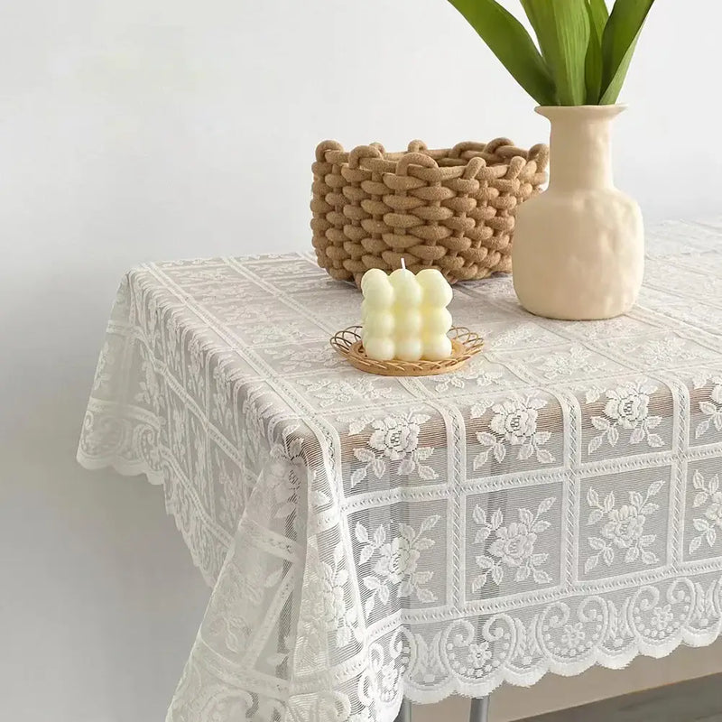 Beige linen tablecloth with lace patterns