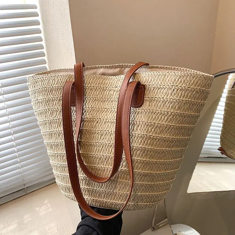 Sac cabas pour femme en paille tressée avec anse supérieure