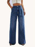 Jean uni pour femmes, coupe droite et jambes larges