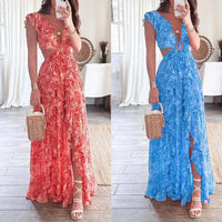 Robe Longue Élégante Imprimée Fleurie à Décolleté V profond