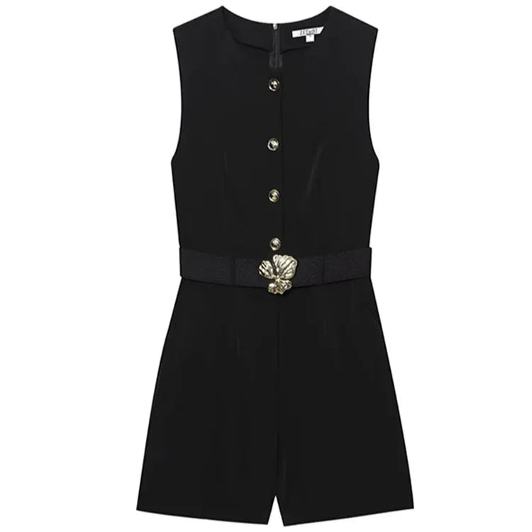 Conjunto elegante negro sin mangas para mujer con cinturón y botones