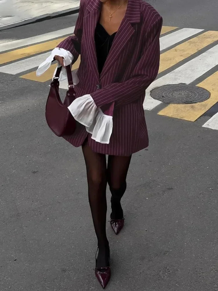 Blazer à rayures bordeaux décontracté pour femmes