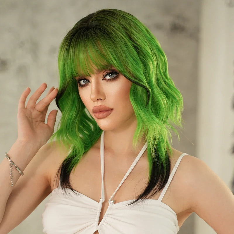 Perruque Longue Ondulée Verte Femme Synthétique Résistante Chaleur