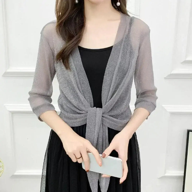 Cardigan d'Été Transparent à Paillettes avec Lacets et Manches Mi-longues