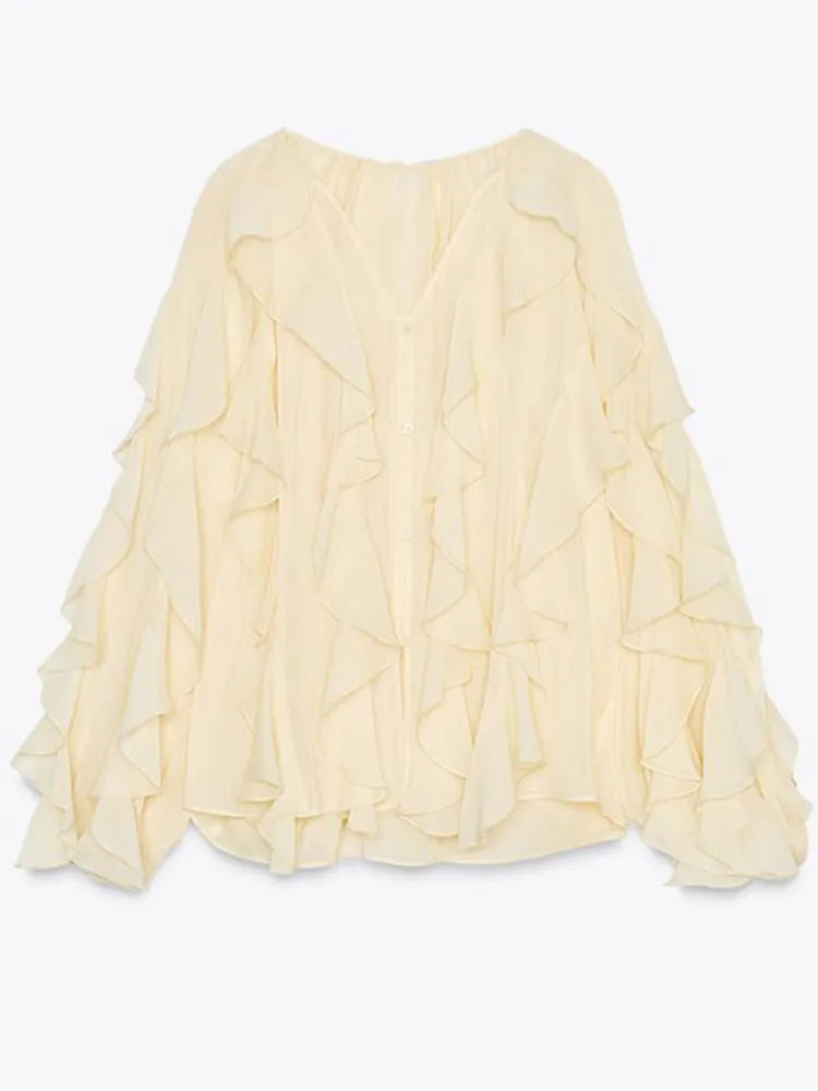 Blouse Oversize Élégante à Volants Manches Évasées pour Femme
