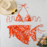 Bikini 3 pièces orange et rose fleur d'hibiscus avec paréo, tenue de plage estivale