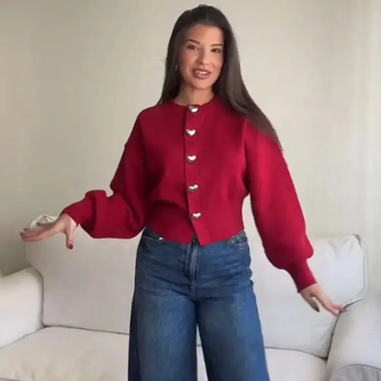 Cardigan à Boutons en Forme de Cœur Décontracté pour Femme