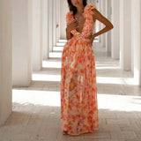Robe Longue Élégante à Fleurs avec Décolleté V