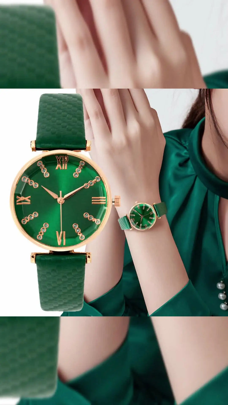 Montre femme quartz bracelet cuir vert avec cadran chiffres romains et strass, portée sur un poignet