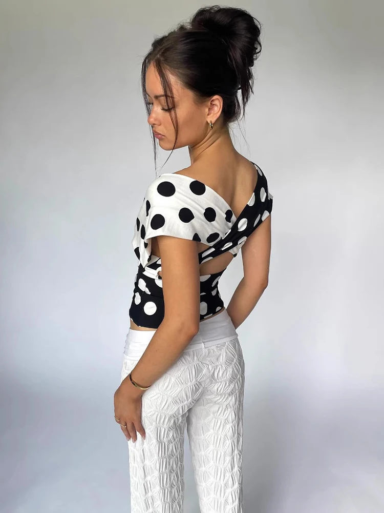 Débardeur Court Sexy à Pois Contrastés avec Écharpe Croisée