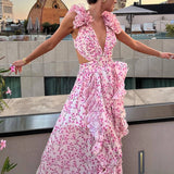 Robe Longue Élégante à Fleurs avec Décolleté V