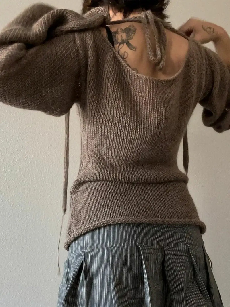 Pull femme à manches longues avec dos noué