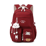 Sac à Dos Femme Style Collège Japonais en Nylon Rouge avec Pendentif Nuage et Poches Pratiques.