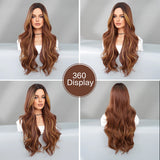 Perruque Synthétique Ondulée Longue Brun Clair Mèche Blonde Femme
