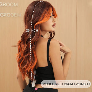 Perruque Longue Ondulée Femme Orange Synthétique Mèches Volumineuses