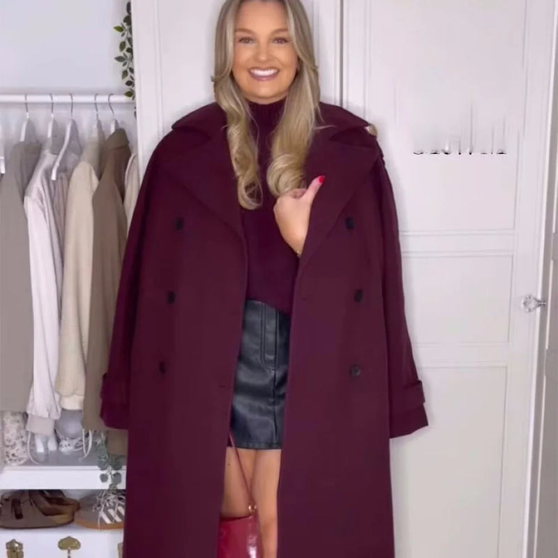 Manteau Long Femme Laine Style Rétro Double Boutonnage Hiver