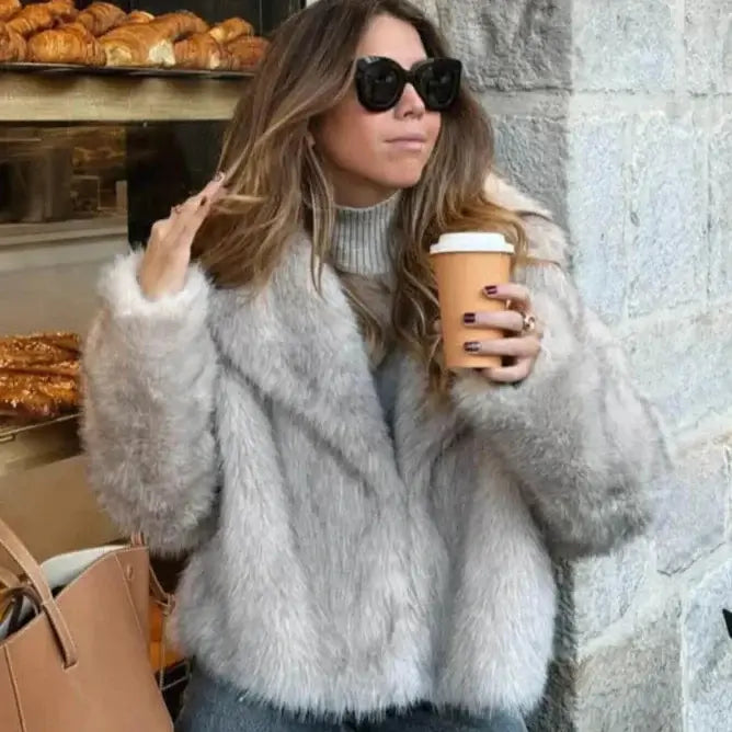Veste Femme Cropped en Fourrure Synthétique Manches Longues