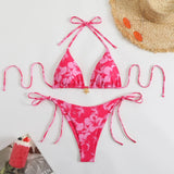 Ensemble bikini 2 pièces rose vif et fuchsia fleur d'hibiscus, maillot de bain femme