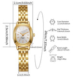 Schéma des dimensions de la montre femme dorée ovale : cadran, bracelet, poids