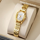Montre femme quartz dorée au cadran ovale sur présentoir beige sans boîte