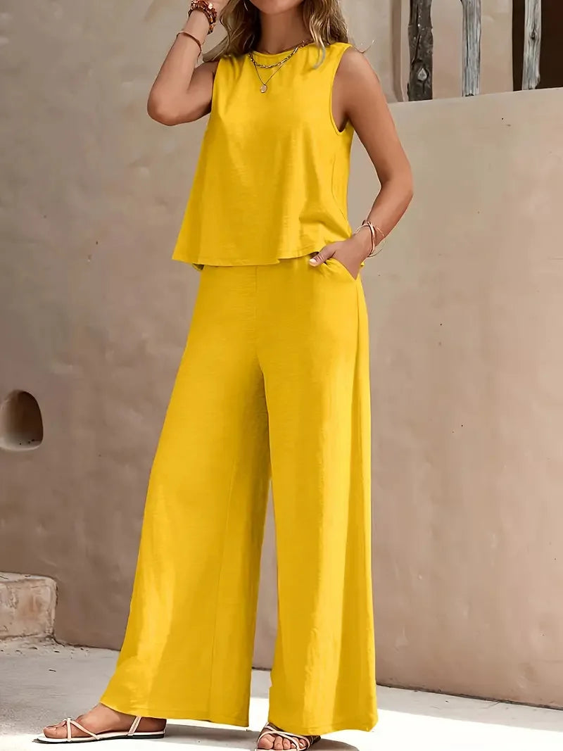 Elegante conjunto de pantalón sin mangas con cuello redondo en colores lisos