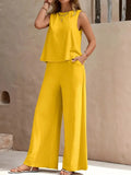 Ensemble Pantalon Sans Manches Élégant à Col Ronde en Couleurs Unies