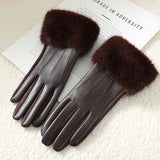 Gants Femme Hiver Simili Cuir Style Élégant avec Poignet Fourrure Tactile