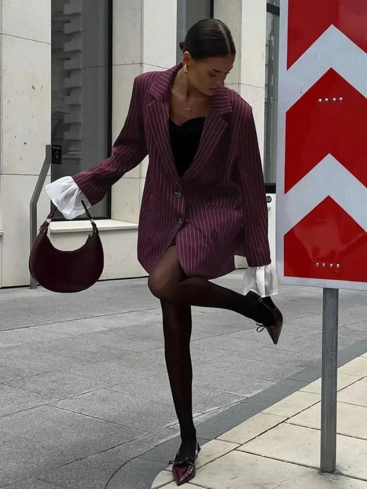 Blazer à rayures bordeaux décontracté pour femmes