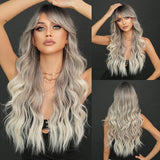 Perruque Synthétique Ondulée Longue Brun Clair Mèche Blonde Femme