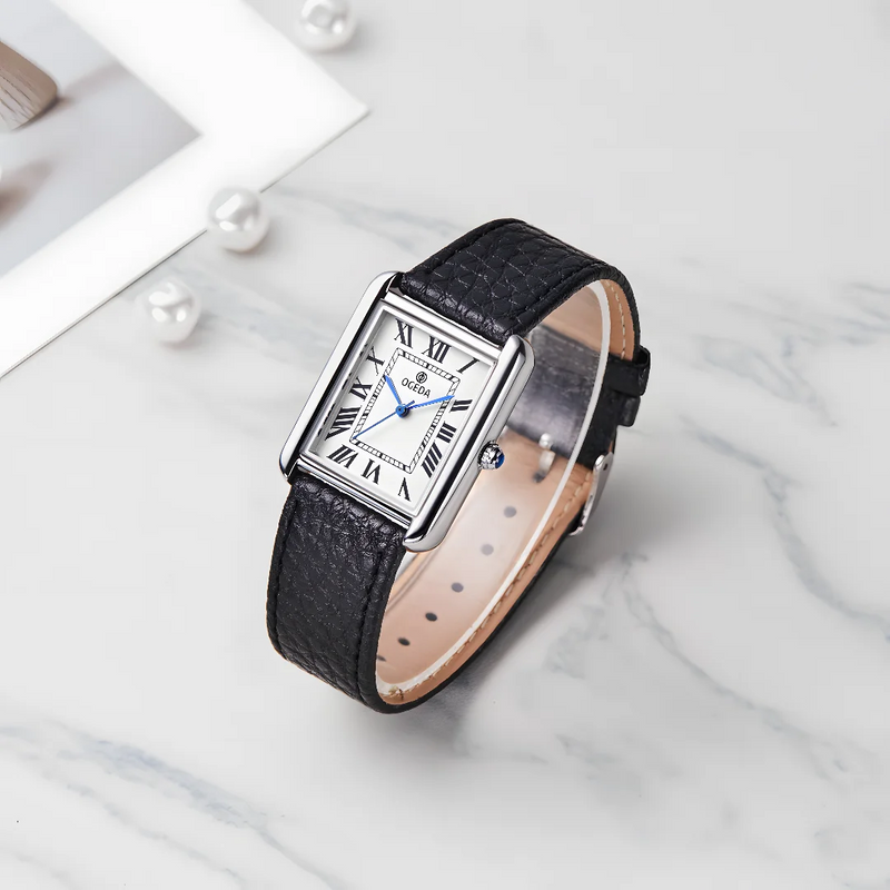 Montre femme OGEDA bracelet cuir noir cadran rectangulaire blanc