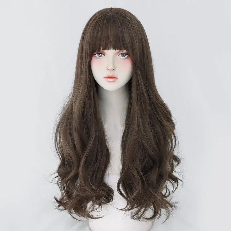 Perruque Longue Bouclée avec Frange Élégante