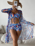 Tenue de bain 3 pièces imprimée bohème bleu et rouge