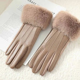 Gants Femme Hiver Simili Cuir Style Élégant avec Poignet Fourrure Tactile