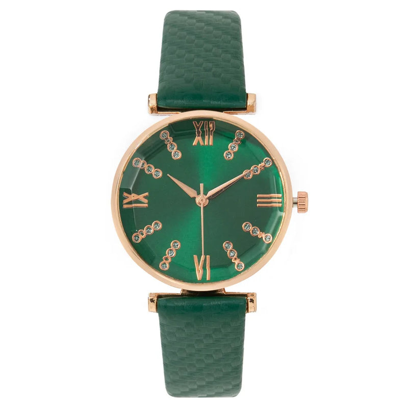 Montre femme bracelet cuir vert, cadran vert chiffres romains dorés et strass, sur fond blanc