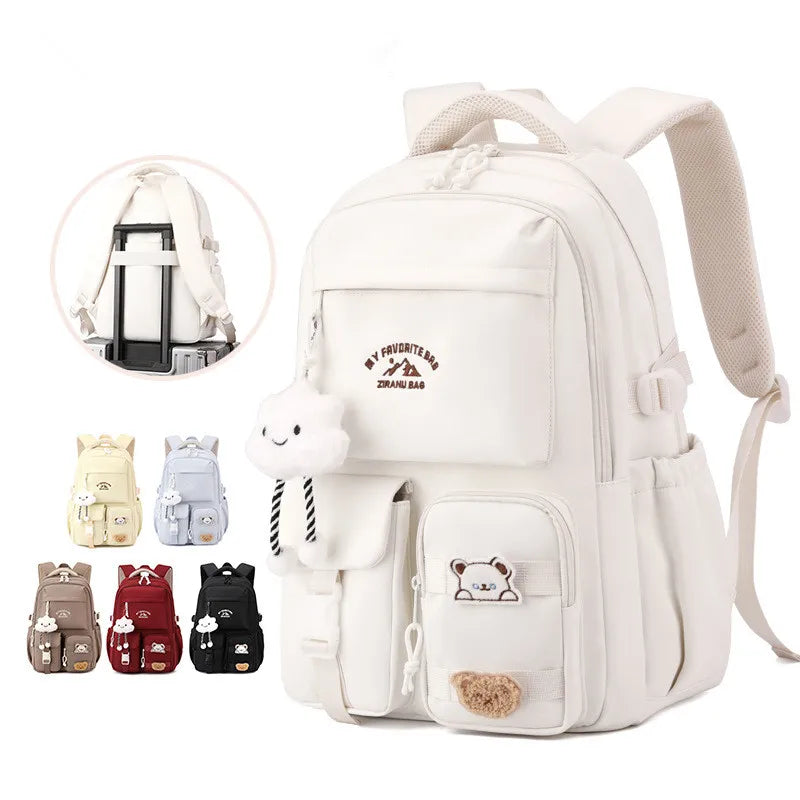 Sac à dos en nylon blanc avec pendentif et plusieurs coloris, style collège japonais, grande capacité.