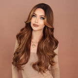 Perruque Synthétique Ondulée Longue Brun Clair Mèche Blonde Femme