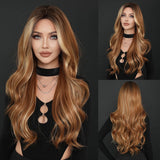 Perruque Synthétique Ondulée Longue Brun Clair Mèche Blonde Femme