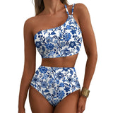 Bikini taille haute asymétrique blanc et bleu avec motif floral détaillé