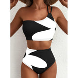Bikini taille haute asymétrique noir et blanc avec motif géométrique abstrait