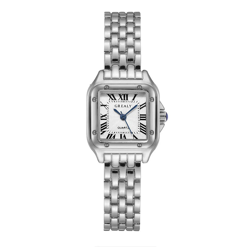 Montre femme carrée argentée, cadran blanc à chiffres romains, bracelet en maillons
