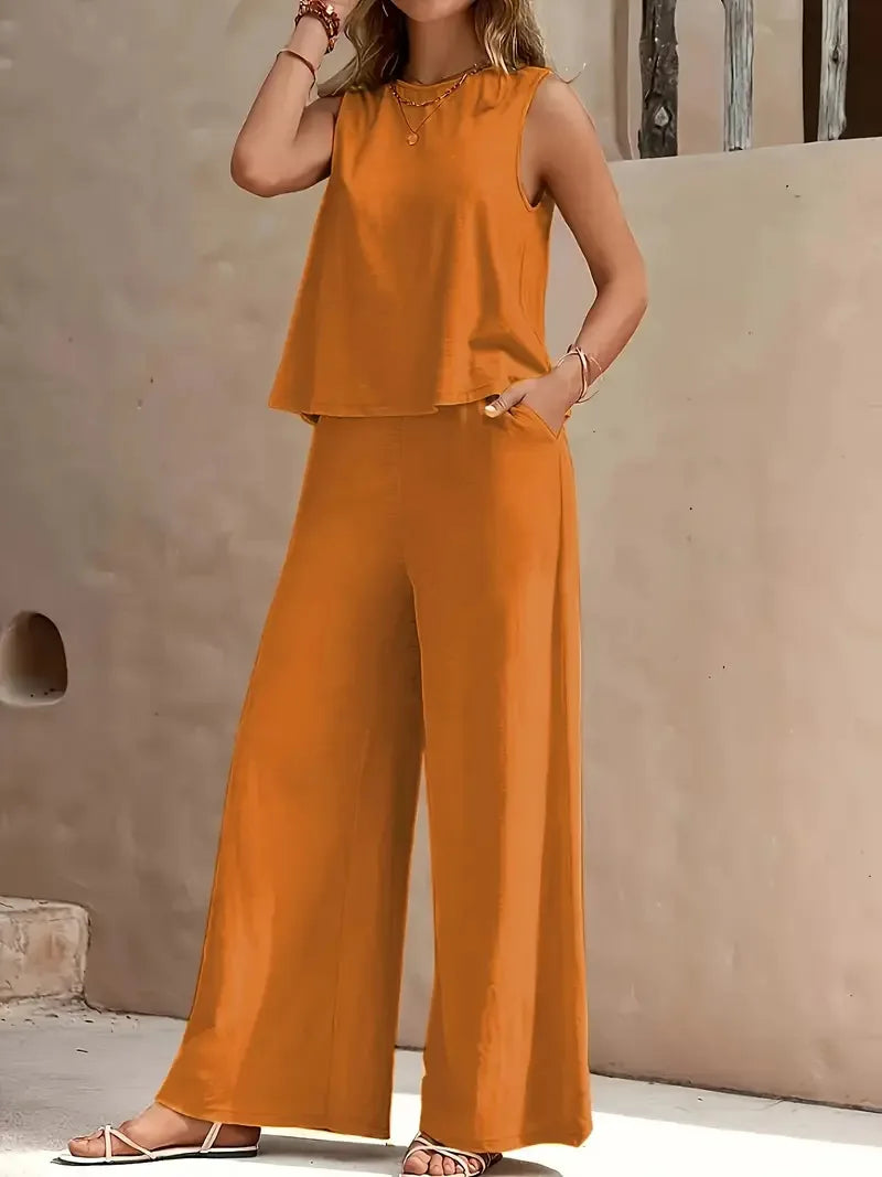 Elegante conjunto de pantalón sin mangas con cuello redondo en colores lisos