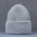 Bonnet Hiver Femme en Fourrure de Lapin Tricoté Chaud Style Minimaliste