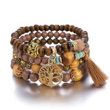 Ensemble de bracelets bohèmes avec perles vertes et marron, breloque argentée et perles en bois