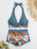 Ensemble bikini halter bleu gris et short imprimé feuilles oranges et bleues