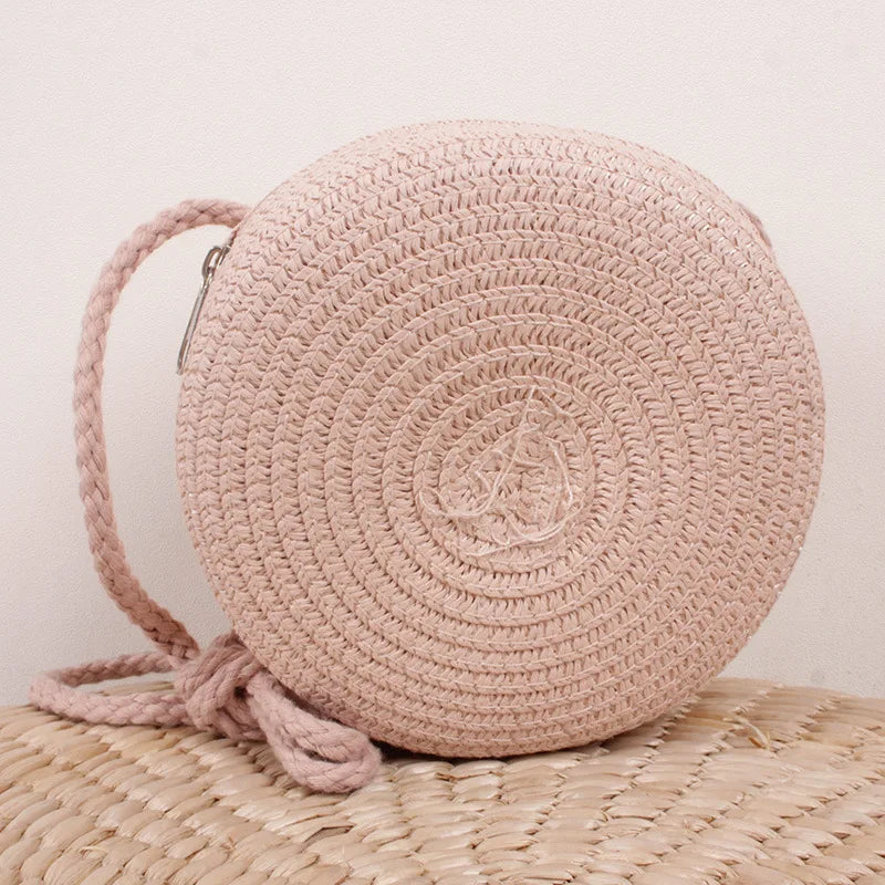 Sac d'été en paille tressée pour femmes - Sac bandoulière rond