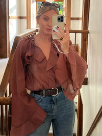 Blouse Oversize Élégante à Volants Manches Évasées pour Femme