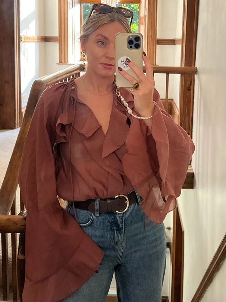 Blouse Oversize Élégante à Volants Manches Évasées pour Femme
