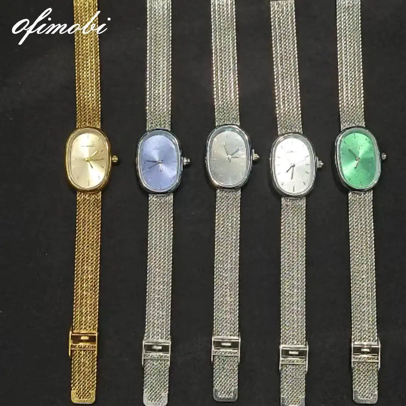 Montres femme cadran ovale et bracelet milanais or, bleu, gris, blanc, vert