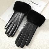 Gants Femme Hiver Simili Cuir Style Élégant avec Poignet Fourrure Tactile