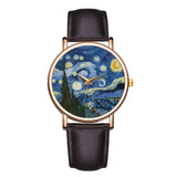 Montre femme bracelet cuir marron foncé cadran La Nuit Étoilée Van Gogh
